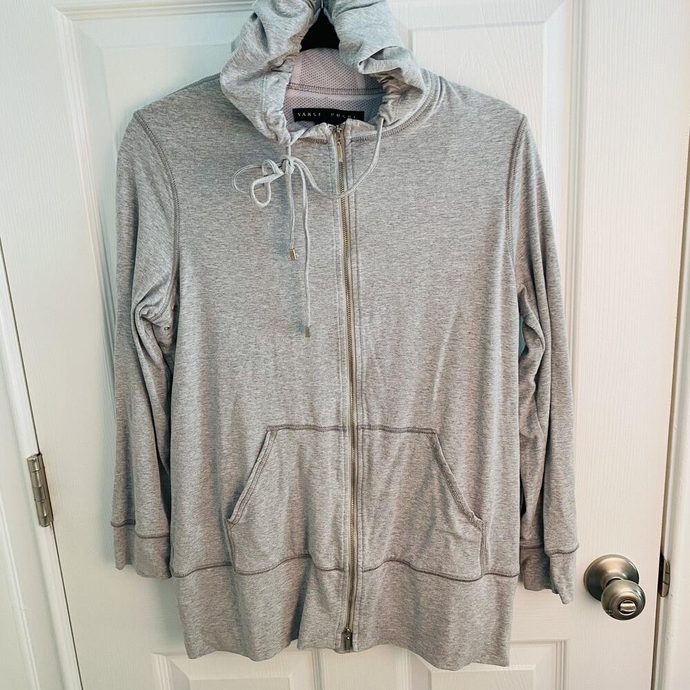 Yansi Fugel Hoodie Womens Large Gray Full Zip Mesh Lined Longline Pockets